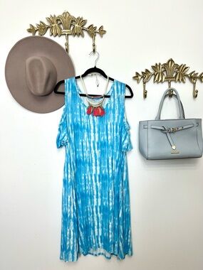 Blue Tie-Dye Cold-Shoulder Midi Dress